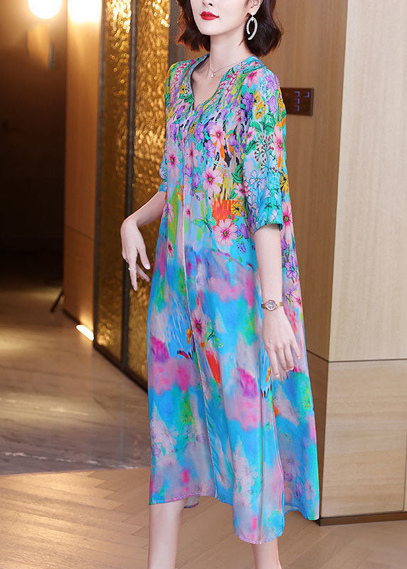 Women Light Blue V Neck Patchwork Print Silk Maxi Dresses Half Sleeve