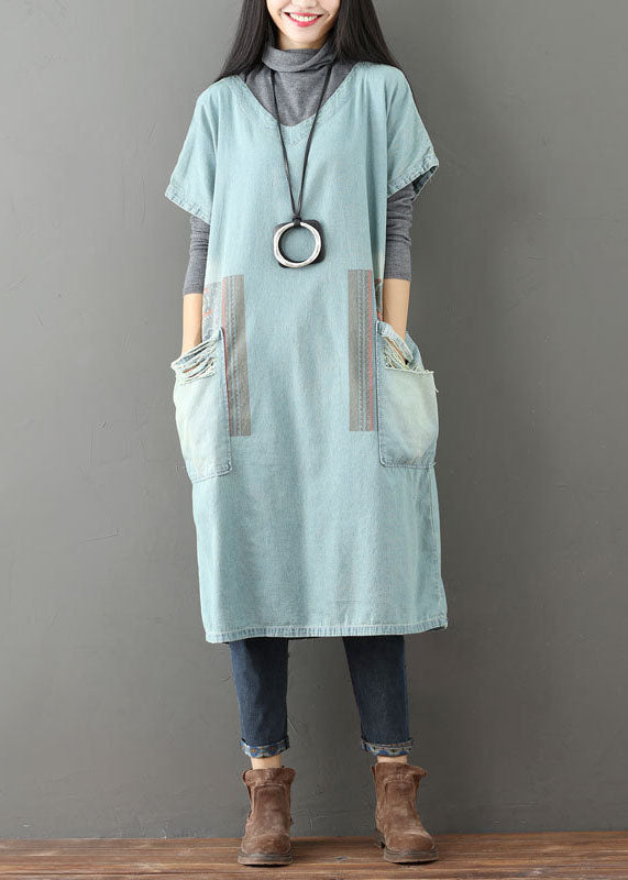 Women Light Blue V Neck Pockets Patchwork Denim Dresses Short Sleeve