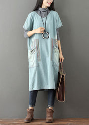 Women Light Blue V Neck Pockets Patchwork Denim Dresses Short Sleeve