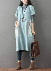 Women Light Blue V Neck Pockets Patchwork Denim Dresses Short Sleeve