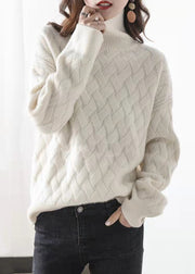 Women Light Camel Turtleneck Plaid Wool Knit Sweaters Spring