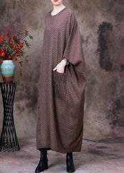 Women Light Chocolate O-Neck Button Pockets Cashmere Maxi Dress Long Sleeve