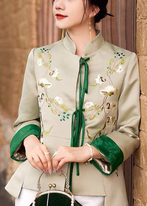 Women Light Green Embroideried Lace Up Silk Coat Spring