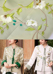 Women Light Green Embroideried Lace Up Silk Coat Spring