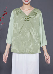 Women Light Green Jacquard Chinese Button Silk Blouses Bracelet Sleeve