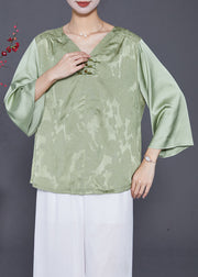 Women Light Green Jacquard Chinese Button Silk Blouses Bracelet Sleeve