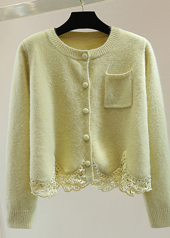 Women Light Green O-Neck Lace Patchwork Cotton Knit Sweaters Winter