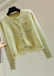 Women Light Green O-Neck Lace Patchwork Cotton Knit Sweaters Winter