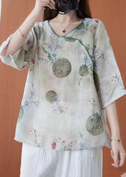 Women Light Green O-Neck Print Linen Blouses Half Sleeve