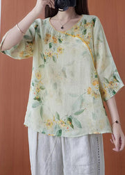 Women Light Green O-Neck Print Linen Blouses Half Sleeve