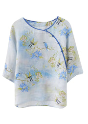 Women Light Green O-Neck Print Linen Blouses Half Sleeve