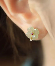 Women Light Green Sterling Silver Jade Zircon Four Leaf Clover Stud Earrings