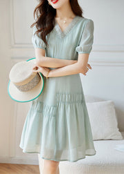 Women Light Green Wrinkled Patchwork Cotton Dresses Summer