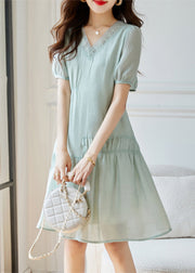 Women Light Green Wrinkled Patchwork Cotton Dresses Summer