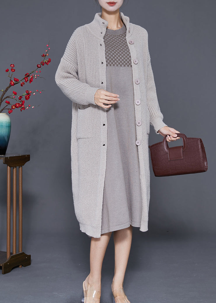 Women Light Grey Button Down Warm Knit Coats Fall