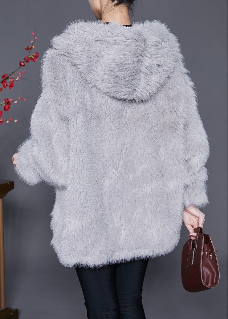 Women Light Grey Hooded Warm Faux Fur Jackets Winter