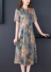 Women Light Grey Stand Collar Tie Dye Print Slim Fit Silk Dress Summer