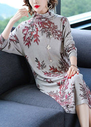 Women Light Grey Turtle Neck Oversized Print Knit Sweater Dress Winter