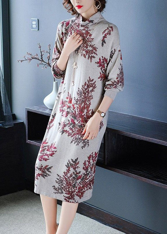 Women Light Grey Turtle Neck Oversized Print Knit Sweater Dress Winter