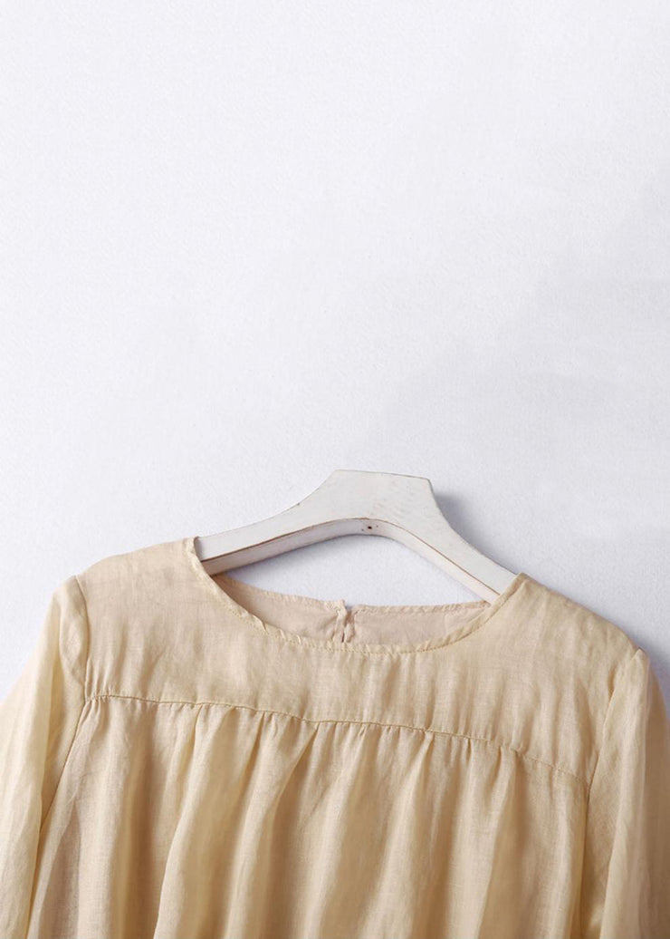 Women Light Khaki O Neck Lace Up Cotton Dress Summer