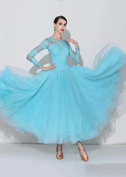 Women Light Lake Blue O-Neck Lace Patchwork Dance Dress Long Sleeve