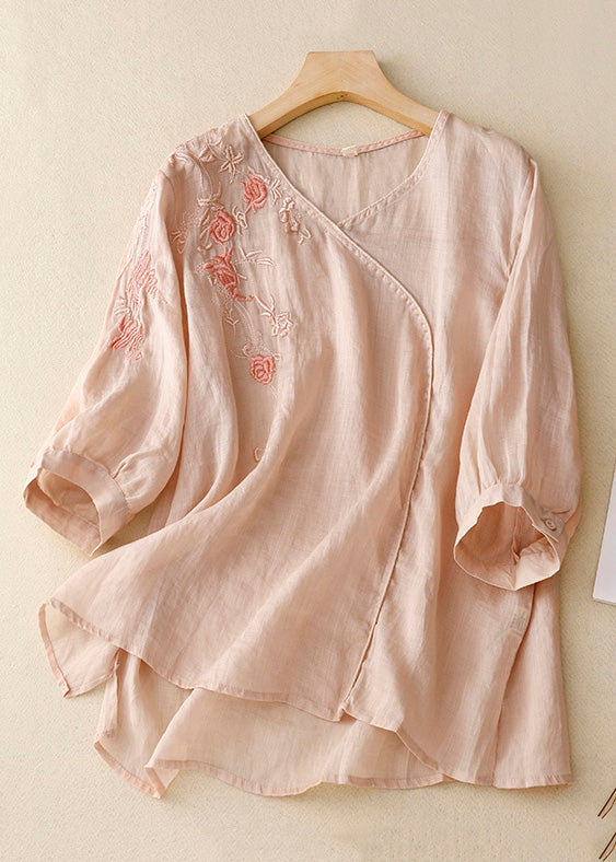 Women Light Pink Embroideried Side Open Linen Tops Spring