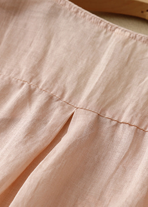 Women Light Pink Embroideried Side Open Linen Tops Spring