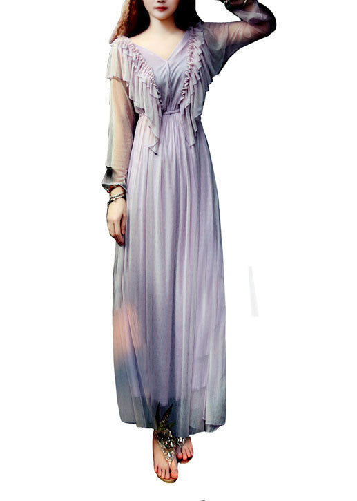 Women Light Purple V Neck Ruffles Tulle Long Dress Spring