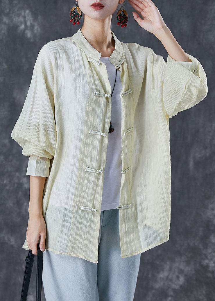 Women Light Yellow Mandarin Collar Chinese Button Wrinkled Cotton Shirt Fall