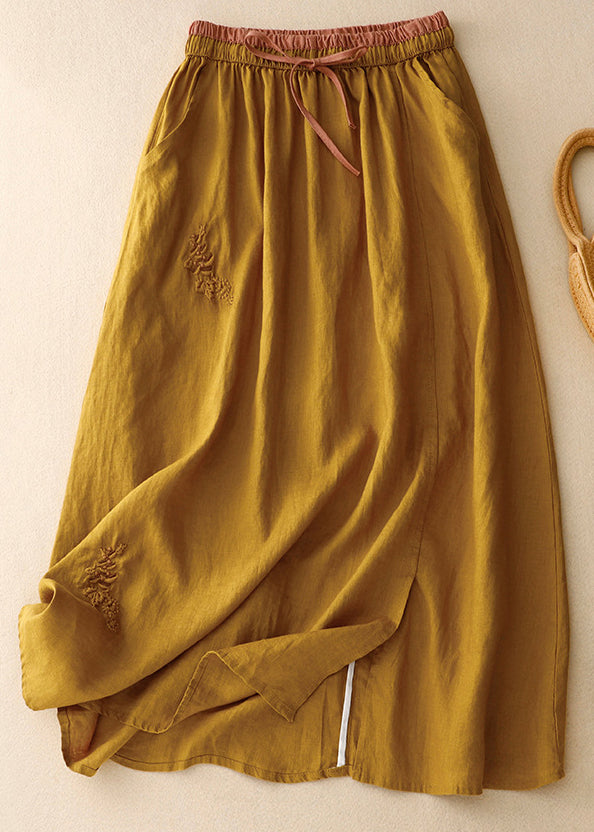 Women Linen Embroidered Elastic Waist Linen Skirts Summer