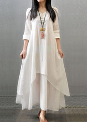 Women Long Sleeve Double Layers Button Asymmetric White bamboo Maxi Dress