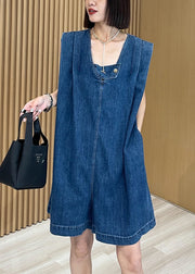 Women Loose Blue U Neck Pockets Denim Jumpsuits Summer