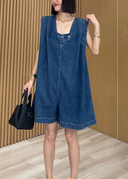 Women Loose Blue U Neck Pockets Denim Jumpsuits Summer