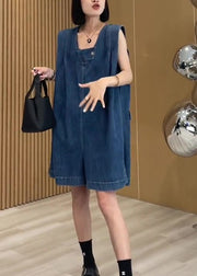 Women Loose Blue U Neck Pockets Denim Jumpsuits Summer