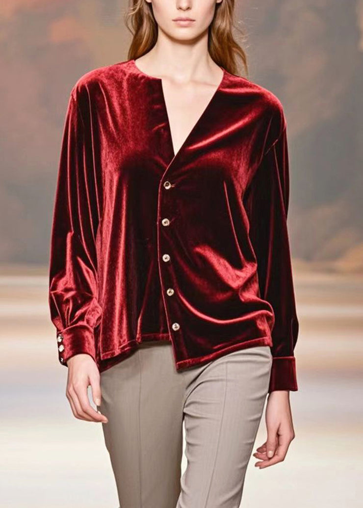 Women Mulberry Asymmetrical Design Silk Velour Shirt Spring