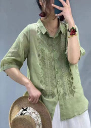 Women Mulberry Embroidered Slim Fit Linen Shirt Tops Half Sleeve