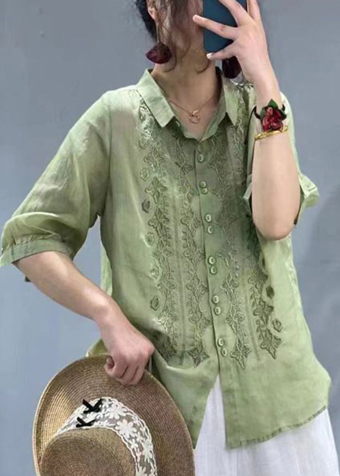 Women Mulberry Embroidered Slim Fit Linen Shirt Tops Half Sleeve