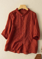 Women Mulberry Embroidered Slim Fit Linen Shirt Tops Half Sleeve