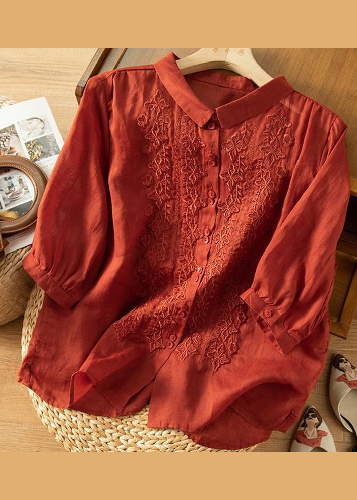 Women Mulberry Embroidered Slim Fit Linen Shirt Tops Half Sleeve