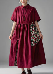 Women Mulberry Peter Pan Collar Print Patchwork Cotton Dresses Summer