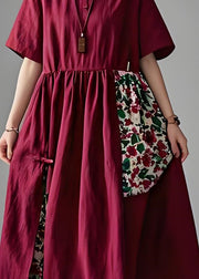 Women Mulberry Peter Pan Collar Print Patchwork Cotton Dresses Summer