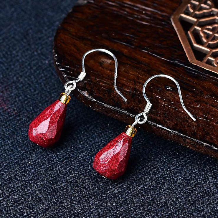 Women Mulberry Sterling Silver Cinnabar Water Drop Drop Earrings