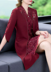 Women Mulberry V Neck Embroideried Silk Fake Two Piece Dress Bracelet Sleeve