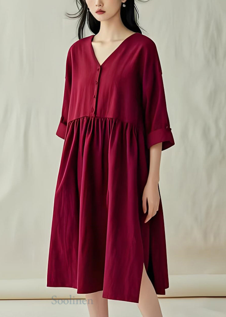 Women Mulberry V Neck Side Open Cotton Dress Summer