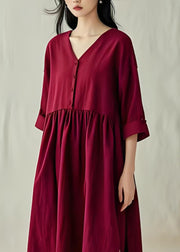 Women Mulberry V Neck Side Open Cotton Dress Summer