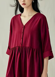 Women Mulberry V Neck Side Open Cotton Dress Summer