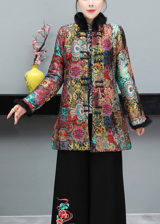 Women Multicolor Chinese Button Fine Cotton Filled Coat Long Sleeve