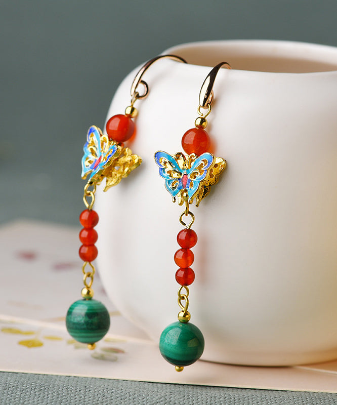 Women Multicour Cloisonne Malachite Bow Drop Earrings