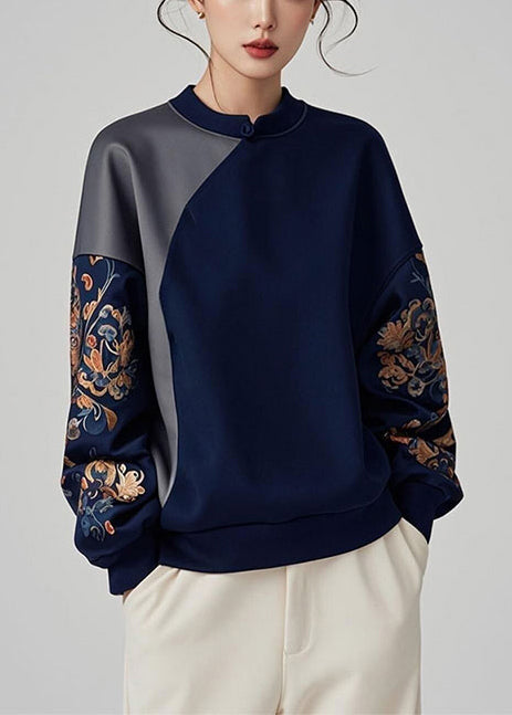 Women Navy Asymmetrical Patchwork Cotton Pullover Sweatshirt Spring