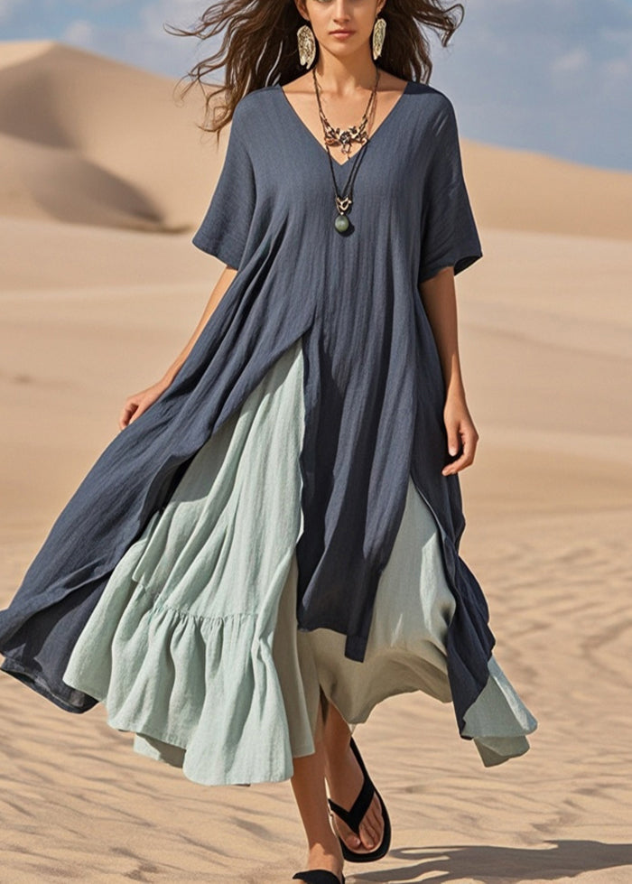 Women Navy Asymmetrical Patchwork Cotton Vacation Dresses Summer